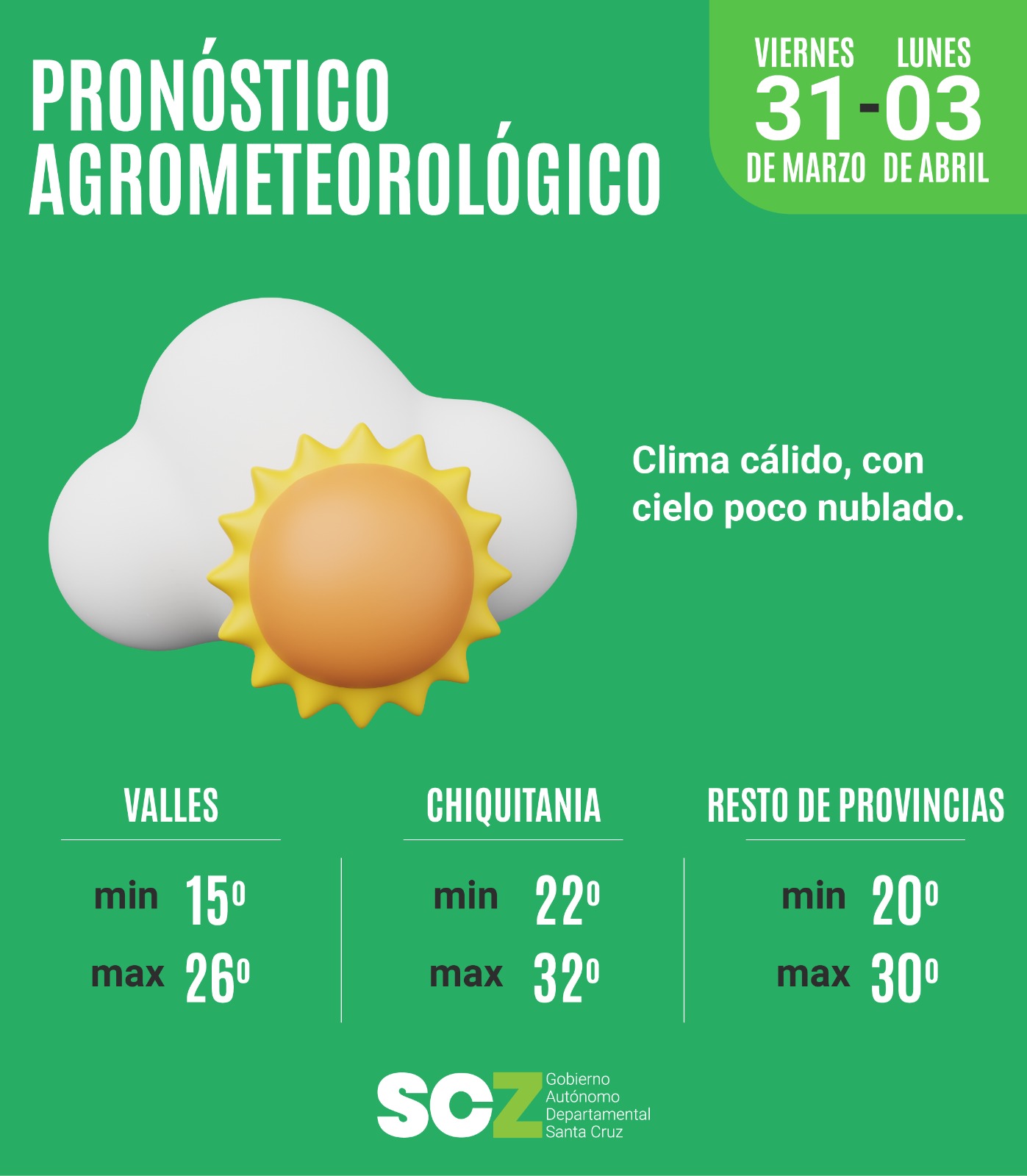 Fin de semana con clima cálido y cielo nublado en Santa Cruz Gobernación